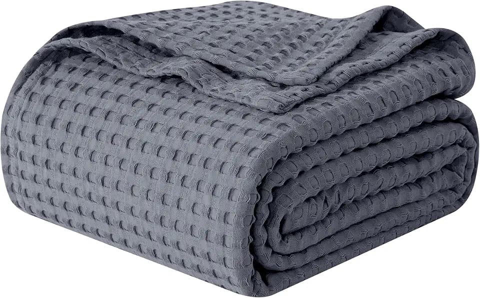 Elegant Comfort Premium 100% Cotton Waffle Blanket - Lightweight Breathable Waffle Weave Bed Blanket - Soft and Warm All Season Blanket for Couch, Sofa and Bed, Queen Size 90x90 Inches, Gray