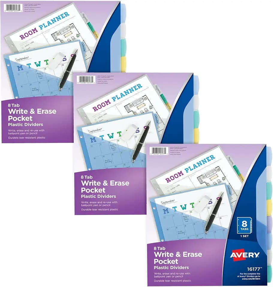 Avery Write & Erase Pocket Plastic Dividers, 8-Tab, Color, 3 Sets