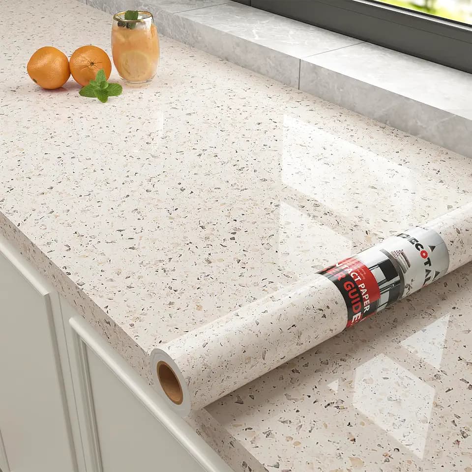 Decotalk 30"x120" Glossy Countertop Contact Paper Peel and Stick Beige Granite Cover Vinyl for Countertops Beige Marble Contact Paper Counter Top Peel and Stick Waterproof Terrazzo Wallpaper Granites