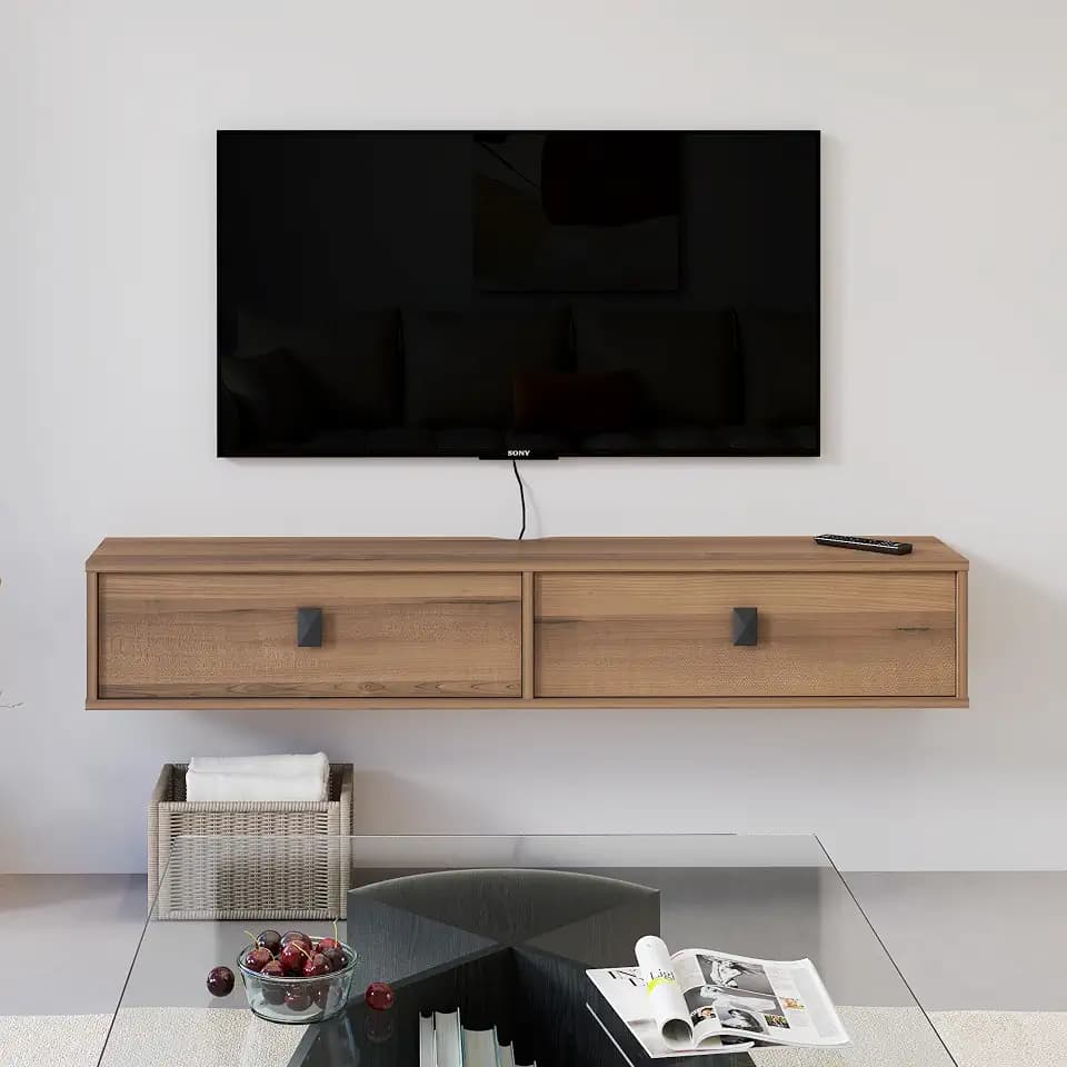 Solid Wood Floating TV Shelf, 55'' Wall Mounted TV Cabinet, Floating Shelves with 2 Doors, Wooden Mid-Century Entertainment Media Console Center Large Storage Under TV (Walnut)
