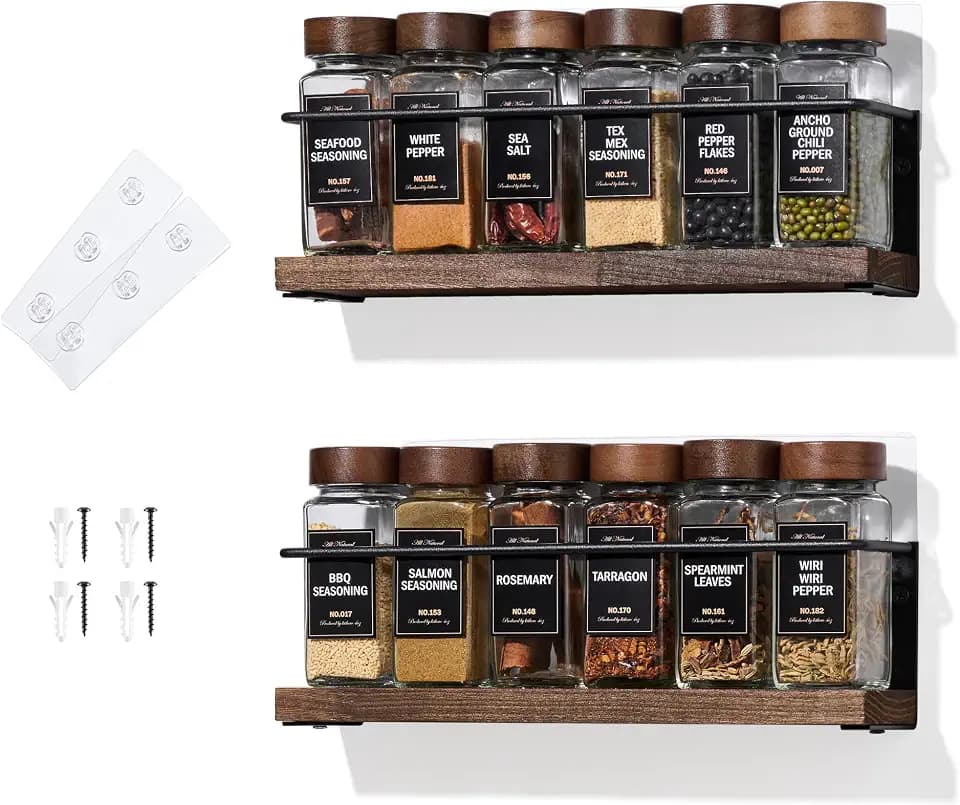 2-Tier Wall Mount Spice Rack Organizer - Screw/Adhesive Mount, Black Metal & Wood Spice Storage for Kitchen Pantry Cabinet, 11.6”L x 2.4”W x 3.2”H,Spice Jars Not Included