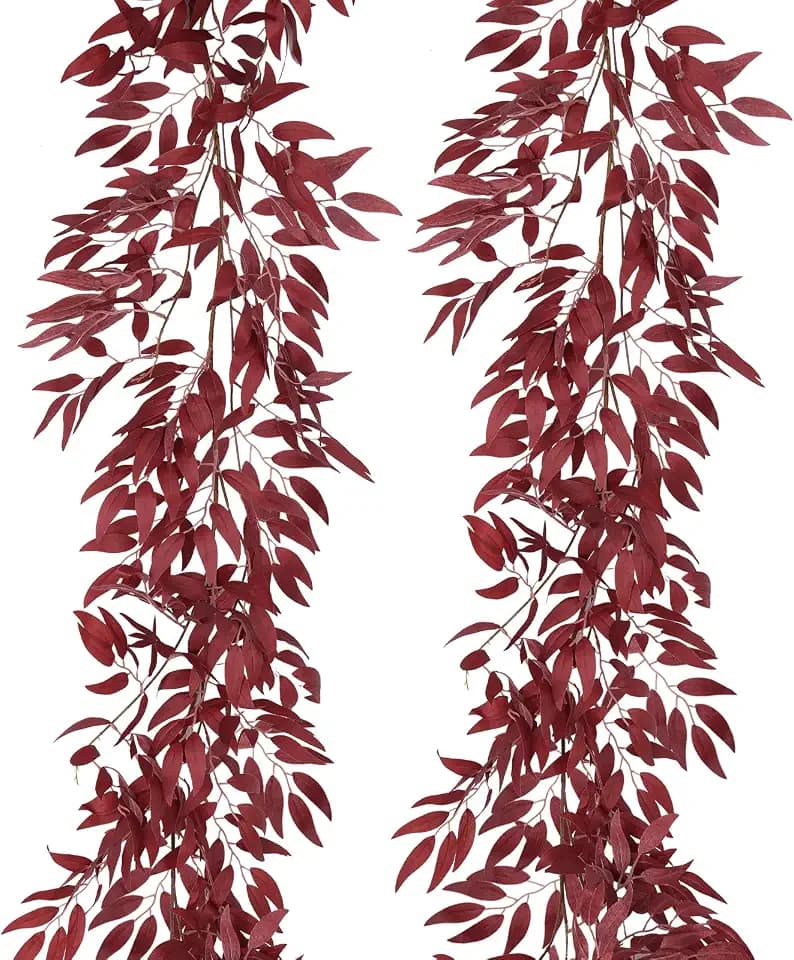 RECUTMS Artificial Willow Leaves Vine Twig 2Pc 5.9Ft Silk Burgundy Leaf Ivy