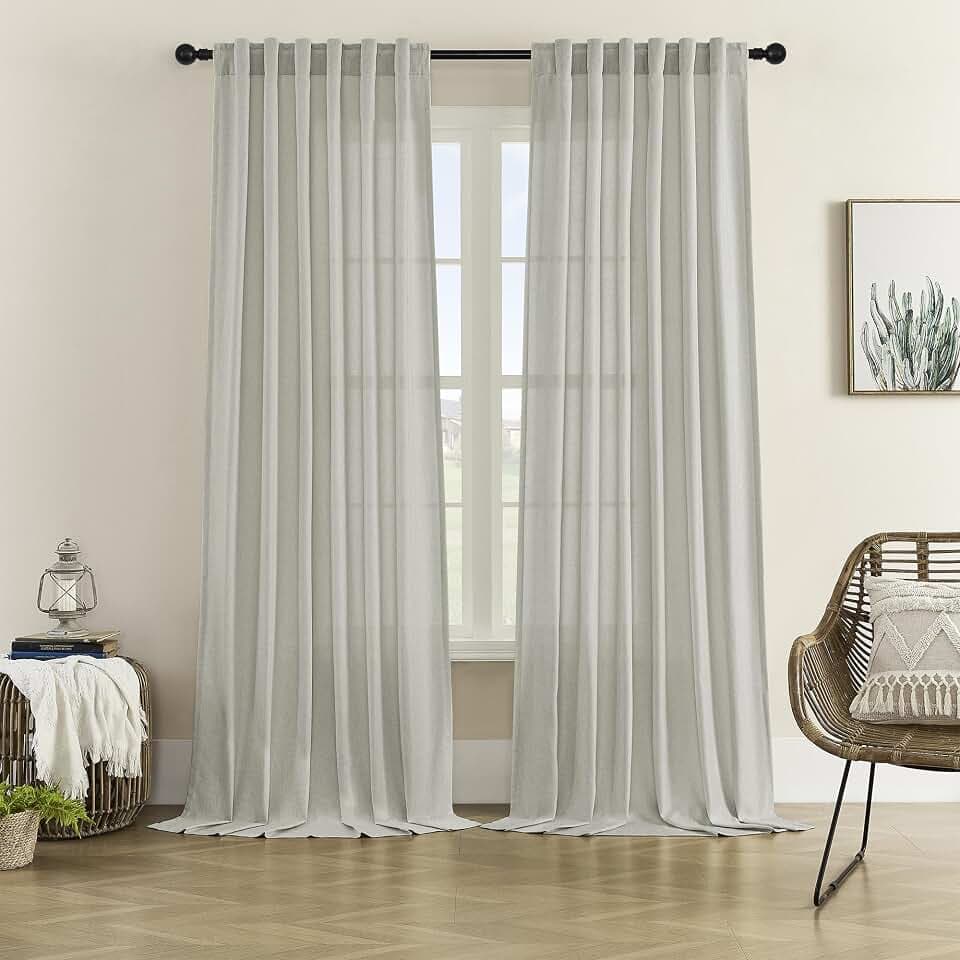DONREN Linen Blend Back Tab Curtains Semi Sheer 50 x 102 Inch Light Grey