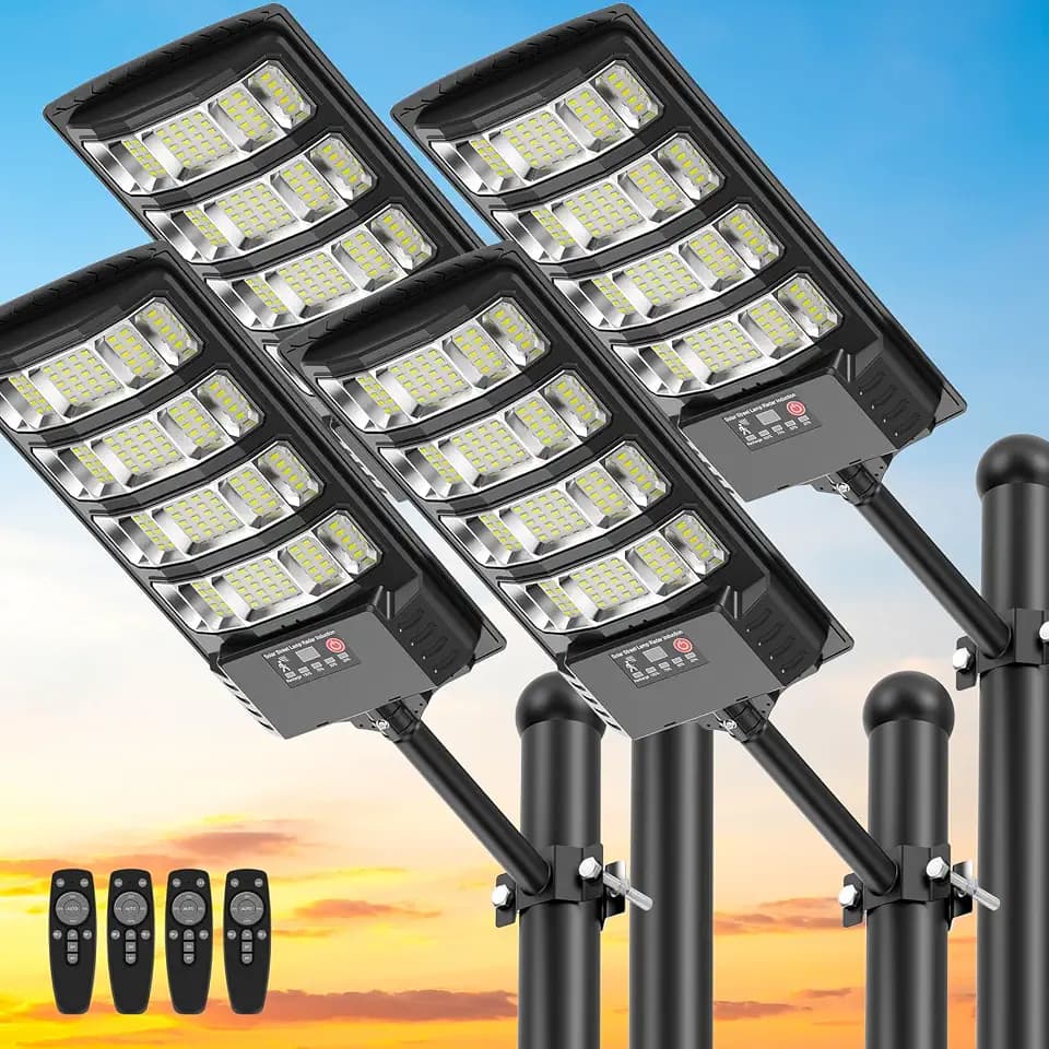 Solar Street Lights Outdoor Waterproof , 6500K 320° Angle Flood light,5730 LED Solar Parking Light with Motion Sensor and Remote Control for Outdoor, Streets, Courtyards,Parking Garages,-4Pack