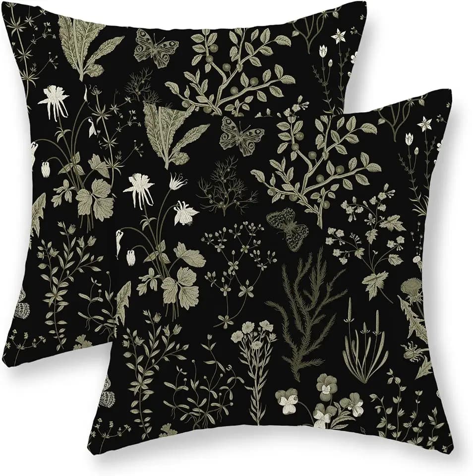Spring Floral Pillow Covers 18x18 Set of 2 Black Sage Green Wild Flower Decorative Pillow Cases Vintage Herbs Plant Cushion Cover Botanical Farmhouse Decor Outdoor Throw Pillows for Couch Bed
