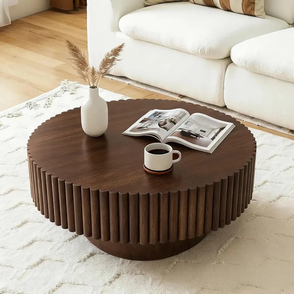 Rovibek Round Coffee Table, 31.5" Wooden Fluted Coffee Table with Fluted Base, Circle Accent Center Table for Living Room Apartment Office Small Space, Easy Assembly, Walnut