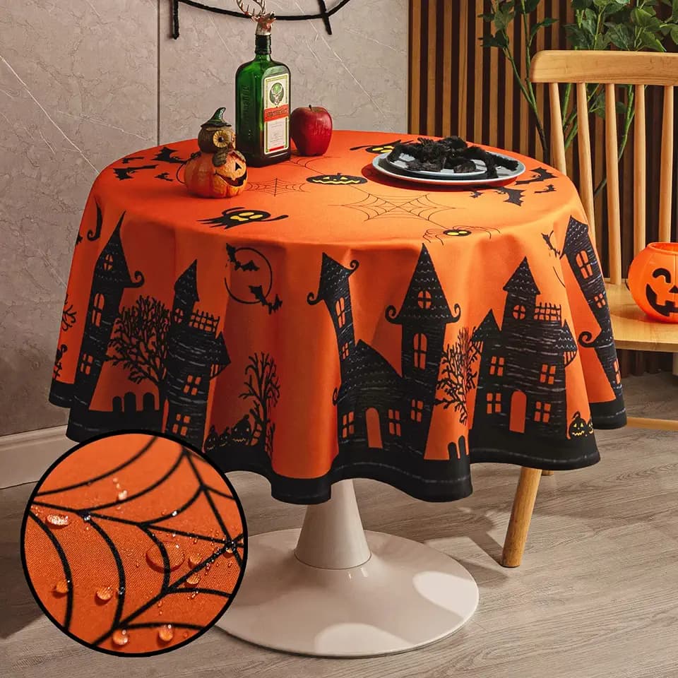 MikiUp Round Halloween Tablecloth - Haunted House Decorative Holiday Table Cloth, Waterproof and Washable Fabric Table Cover for Party Kitchen Dining Room Indoor, 60 Inch
