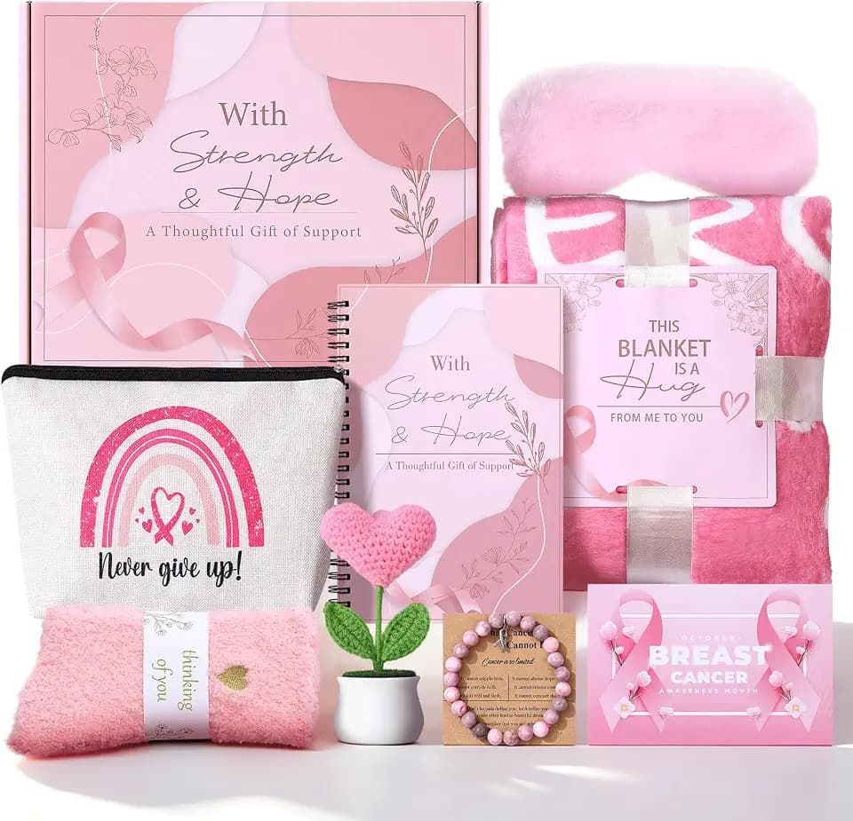 9 Pcs Breast Cancer Survivor Gifts for Women, Get Well Soon Cancer Awareness Accessories Gift with Coral Fleece Blanket Care Package for Her, Sister, Mom, Best Friends (Pink)