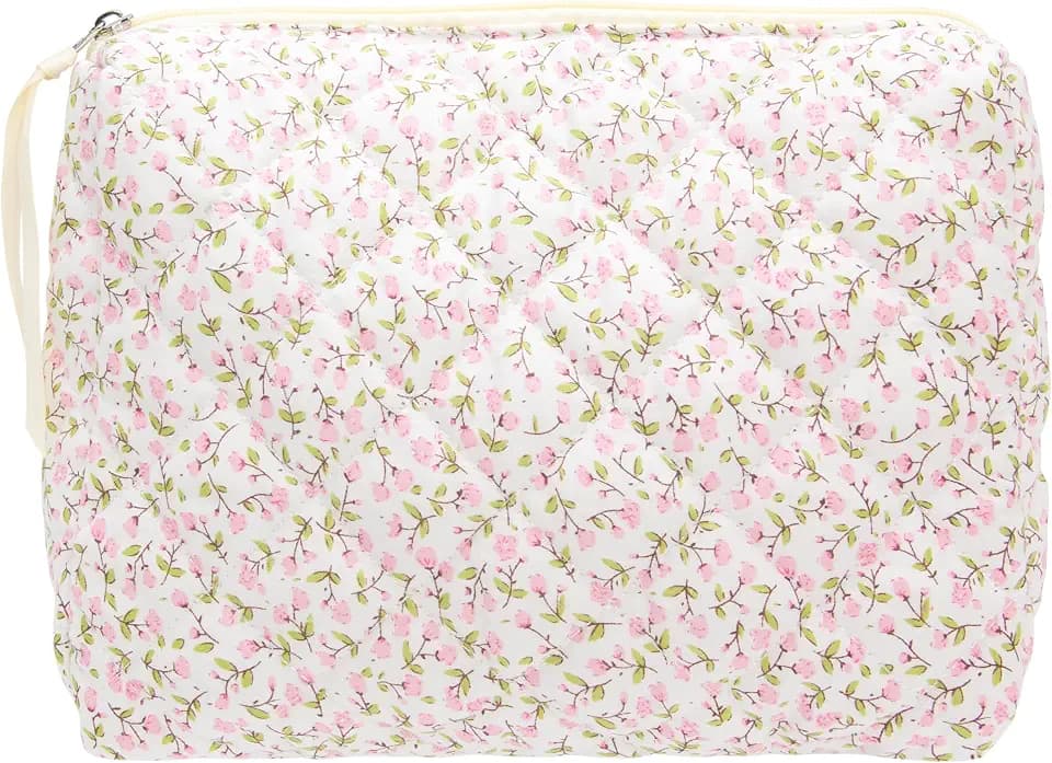 Quilted Makeup Pouch for Women, Travel Cosmetic&Toiletry Bag,Floral Pink