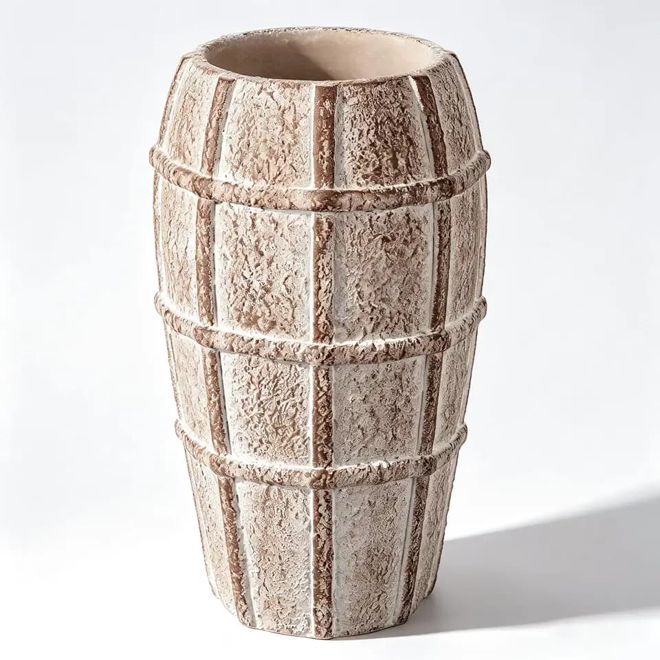 Briful Rustic Terracotta Flower Vase for Home Decor – 9" Brown Farmhouse Textured Barrel-Style Ceramic Vase Vintage Handcrafted Gridded Design for Faux & Dried Flowers Living Room Table Centerpiece