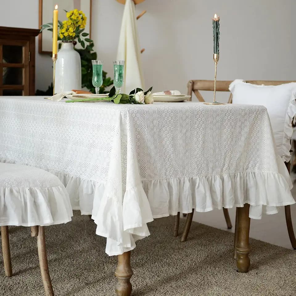 Rectangle Cotton Tablecloth Ruffled Table Cloth, White 52" x 70"