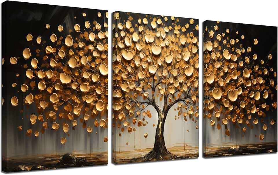 Large Gold Tree of Life Canvas Wall Art 16 x 24 Inch x 3 Pieces