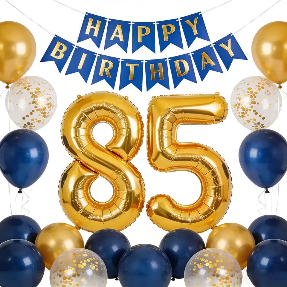 Navy Blue Gold Happy 85th Birthday Banner, Number 85 foil Balloons, Confetti Latex Balloons for Men Women 85 years Party Supplies(85th)