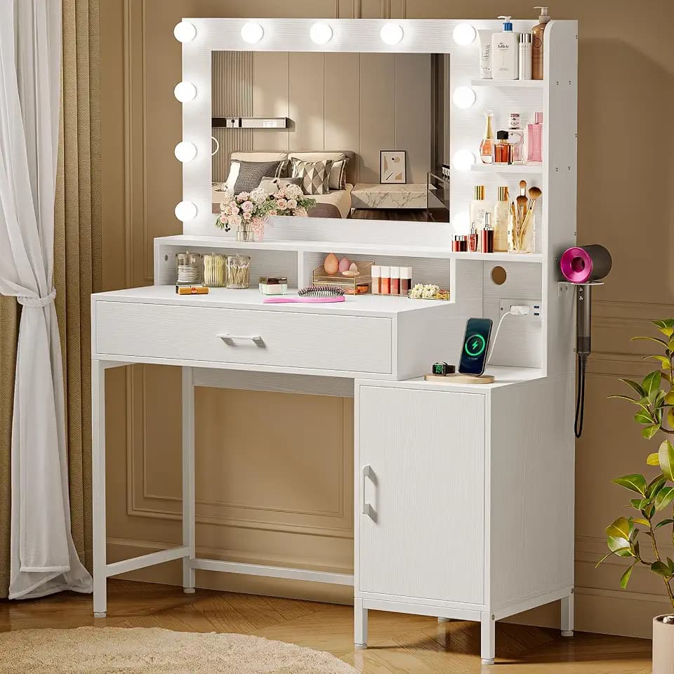 Driftalia Makeup Vanity Desk with Lights, White Vanity with Power Outlets