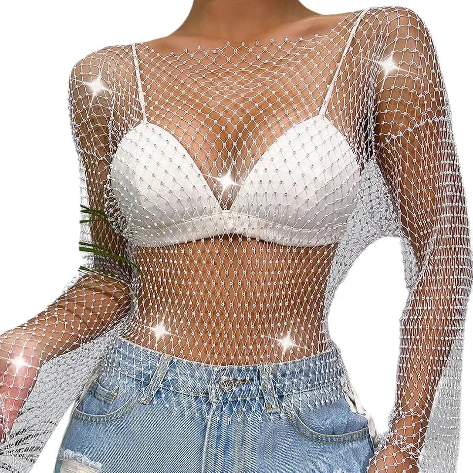 ABAFIP Women's Sparkly Rhinestone Crop Top Long Sleeve Mesh Bikini Cover up Fishnet Shirts Rave Tops