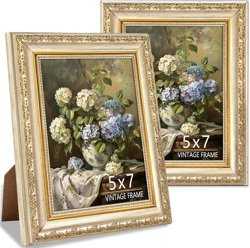 5x7 Picture Frame Set of 2, Ornate Champagne Silver Photo Frame with Subtle Gold Sheen, Antique Wall & Tabletop Decor for Home Office, Champagne Gold Silver Frame, 2 Pack
