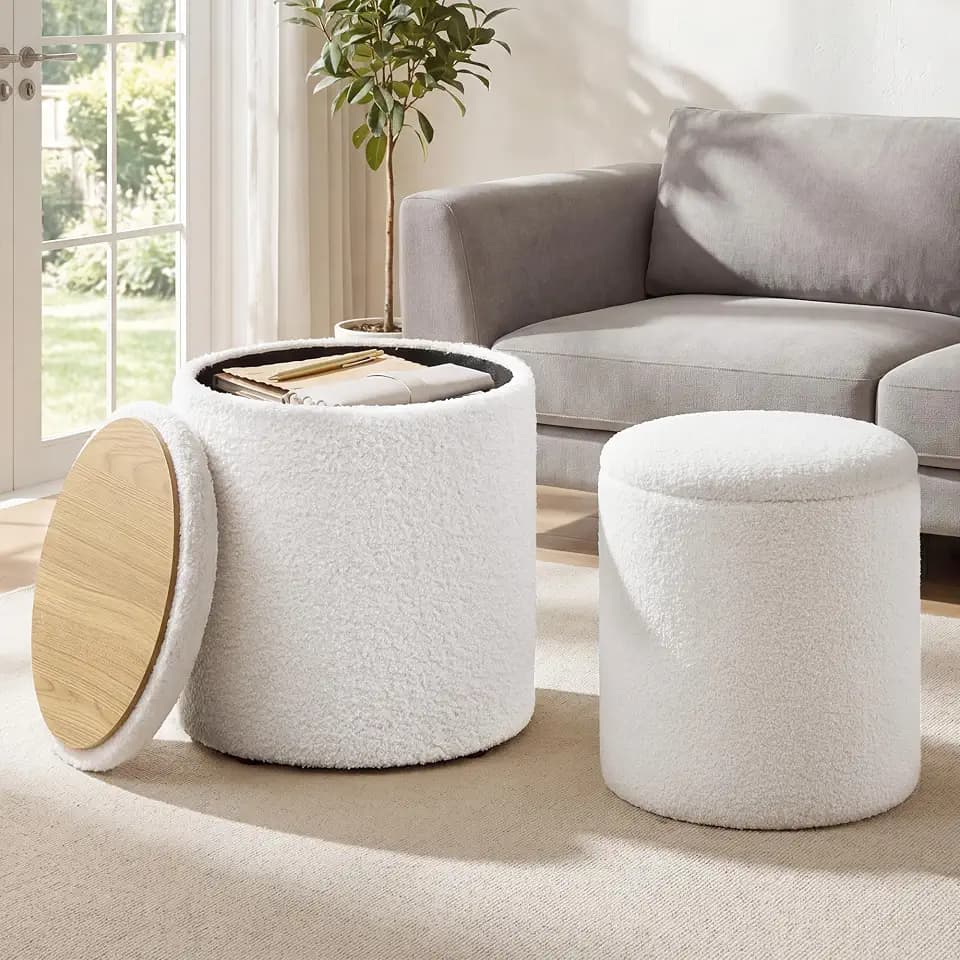 SONGMICS Vanity Stool, Set of 2, Round Storage Ottoman, Teddy Fleece