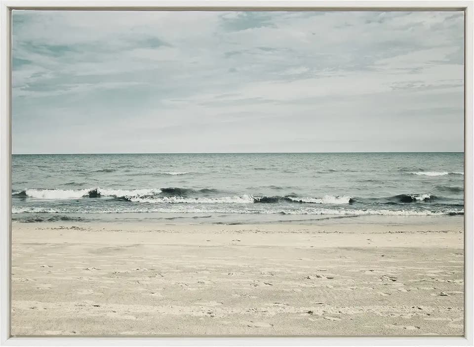 Kate and Laurel Sylvie Beach 2 Framed Canvas Wall Art by Emiko and Mark Franzen of F2Images; 28x38 White; Decorative Coastal Art Print for Wall