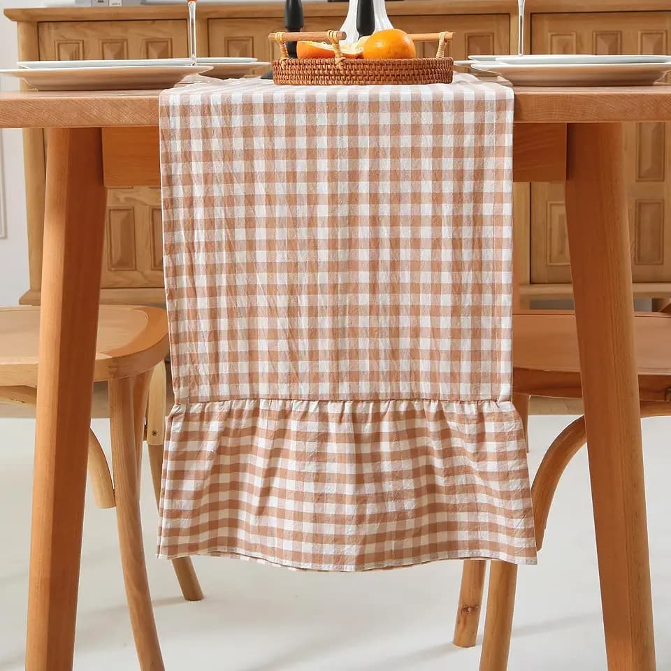 Taupe White Plaid Gingham Ruffle Table Runner Cabinet Cover 13"x72"