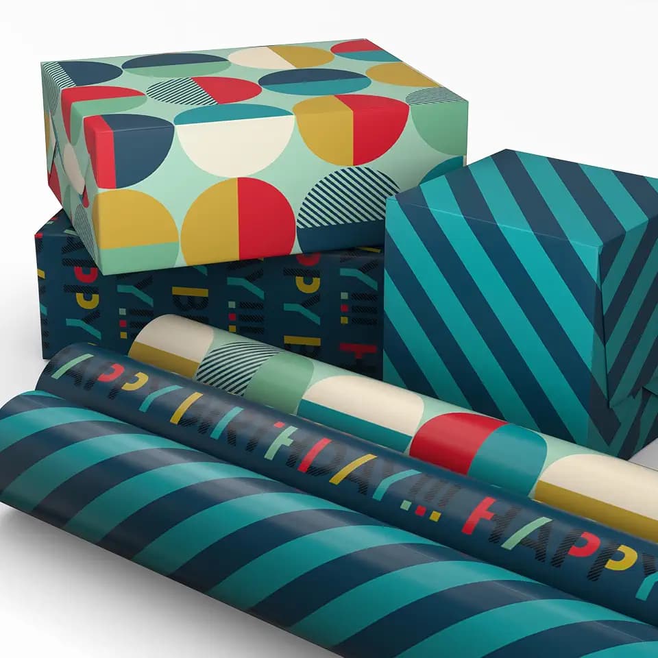 Hallmark Birthday Wrapping Paper Mini Rolls, 3-Pack (Navy, Teal) 60 Sq. Ft.