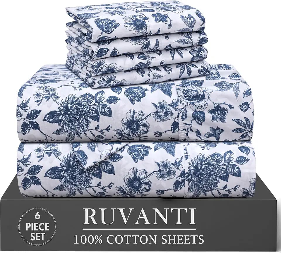 RUVANTI 100% Cotton Queen Sheets, Percale Queen Sheet Set, Wild Flower