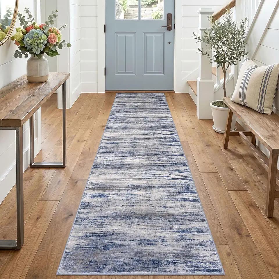 KOZYFLY ModernWashable Rug Runner 2x8 Hallway Runner Rug Grey-Blue