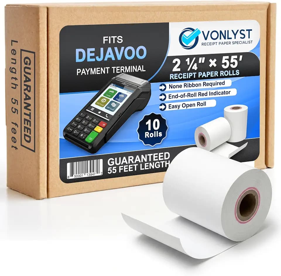 Thermal Receipt Paper Rolls for Dejavoo Z8 Z9 Z11 P1 P3 P8 QD1 QD2 QD4 QD5 – 2 1/4 x 55 BPA Free Credit Card Machine & POS Printer Paper with Red End Warning Stripe – 10 Pack