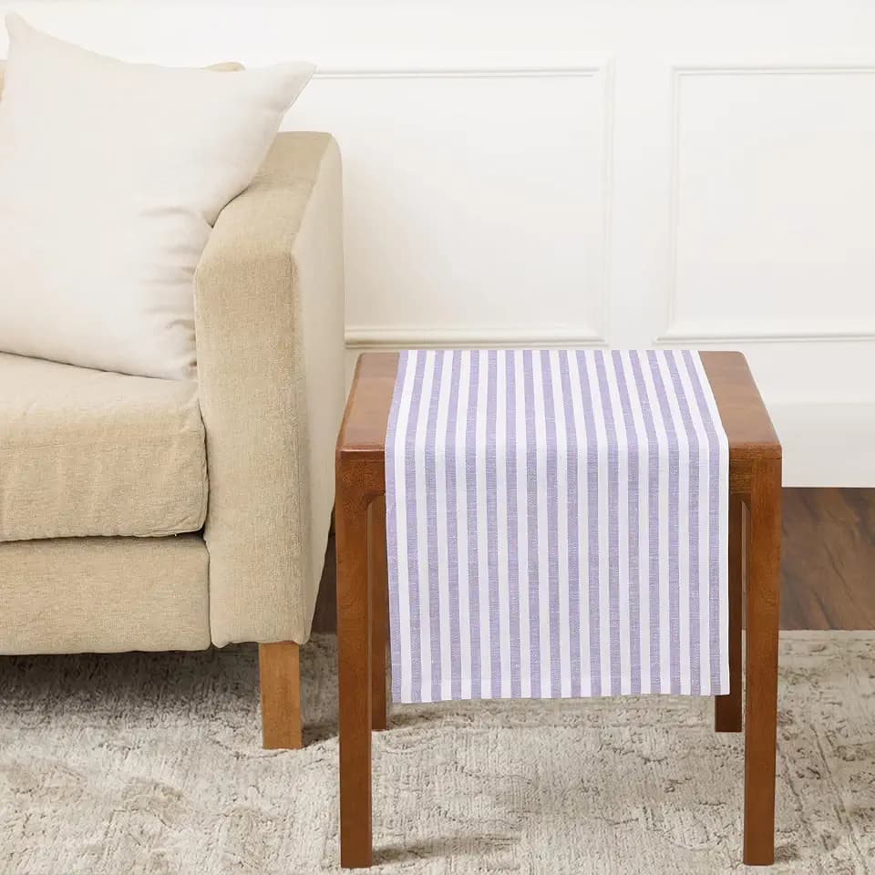 Solino Home 100% Linen Table Runner, 14 x 36 in, Violet and White Striped