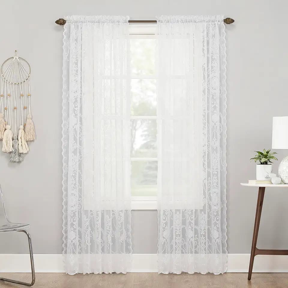 No. 918 Ariella Floral Lace Rod Pocket Curtain Panel, 58" x 63", White