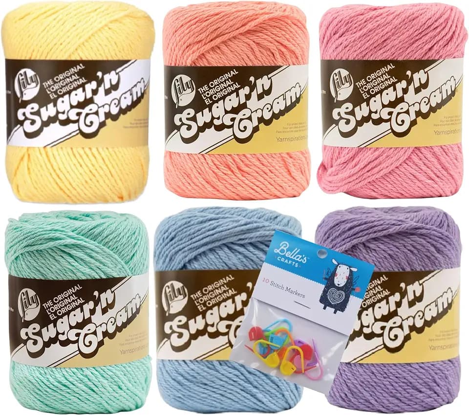 Lily Sugar'n Cream 100% Cotton Yarn 6-Pack Bundle with Bella's Crafts Stitch Markers (Pastel Solids)
