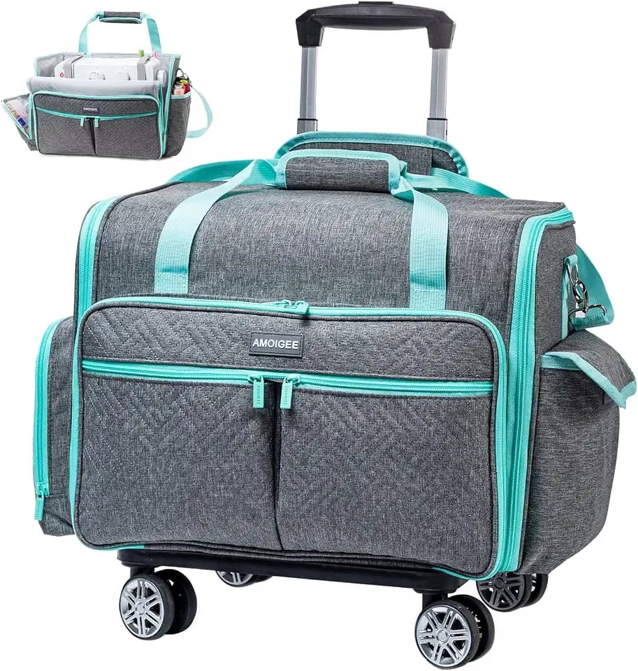 AMOIGEE Full-Open Rolling Sewing Machine Case with Wheels& Detachable Dolly