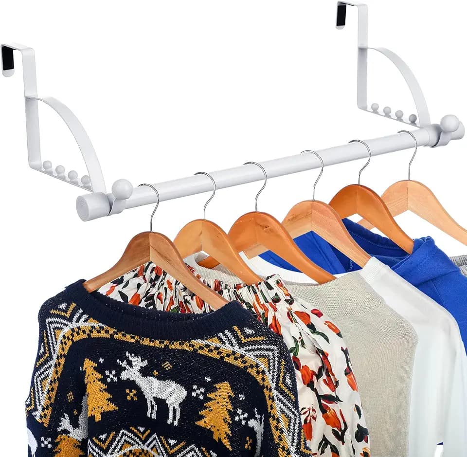 DoubleFill The Door Hooks Hanger Adjustable Closet Hanger Purses Over The Door Hanging Rack Multi Hanging Storage with Telescopic Pole for Bedroom Washroom Office Clothes Towels(White)