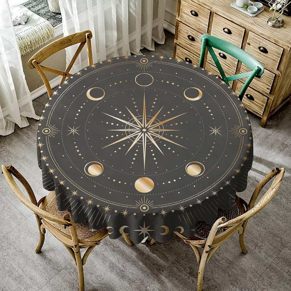 Moon Phase Table Cloth, Gold Galaxy Sun Moon Mystic Celestial Tarot Table Cloths for Kitchen BBQ Table Cloths 36x36inch