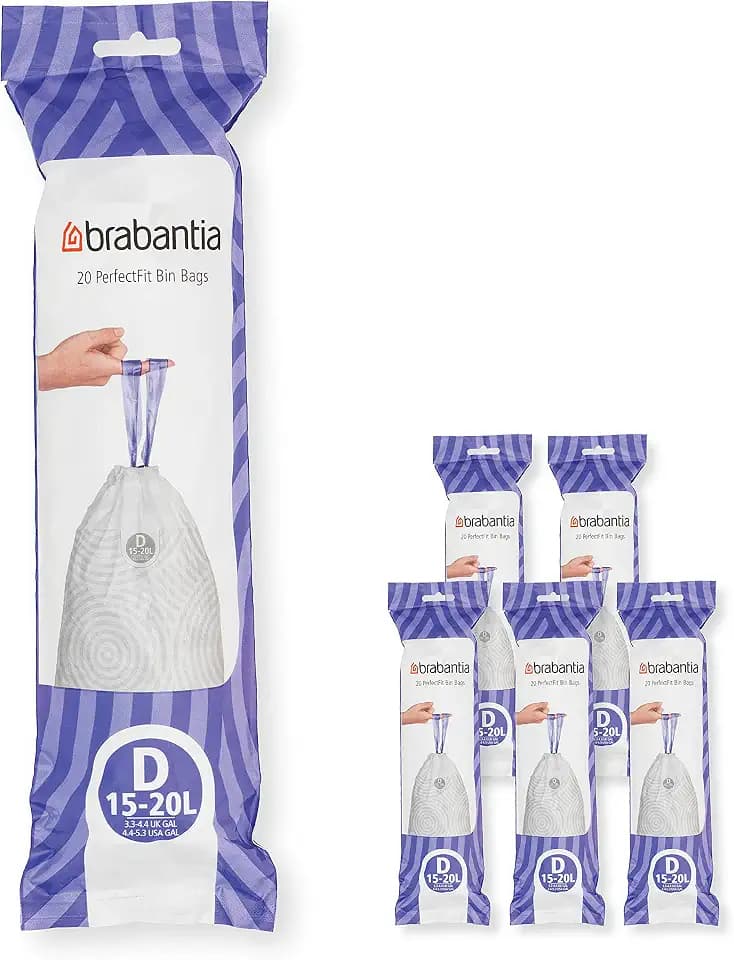 Brabantia Müllbeutel PerfectFit Multipack (Code D - 15L / 20L) Extra Starke Müllsäcke mit Zugband, 6 rollen (120 Müllbeutel)