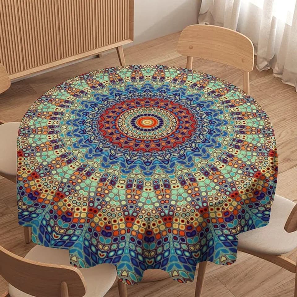 Mandala Tablecloth Round 70 Inches,Waterproof Rustic Vintage Bohemian Style Tablecloths Farmhouse Table Cloth for Kitchen Picnic Party Holiday Home Décor Indoor Outdoor
