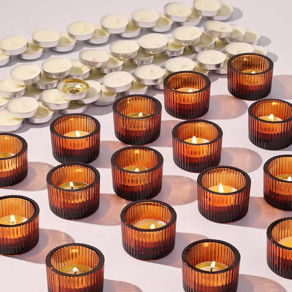 NITIME 30Pcs Ribbed Amber Votive Candle Holders for Fall Table Decor, Amber Tea Light Candle Holders with 32pcs Tea Light Candles for Wedding Decor, Home Decor and Party Decor