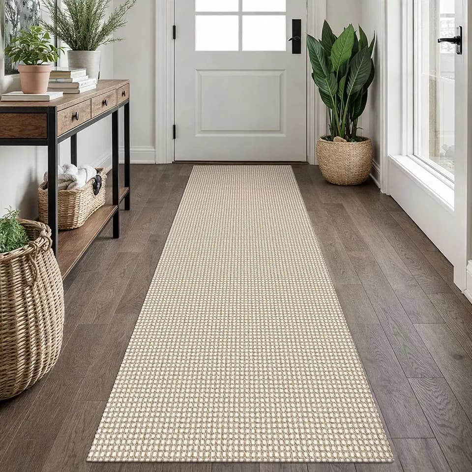 EARTHALL Woven Runner Rug 2x7 Ft Washable Runners for Hallways Cotton Non Slip Rubber Backed Kitchen Runner Braided Indoor Floor Carpet for Entryway, Hallway, Kitchen, Bedroom, Beige/Ivory