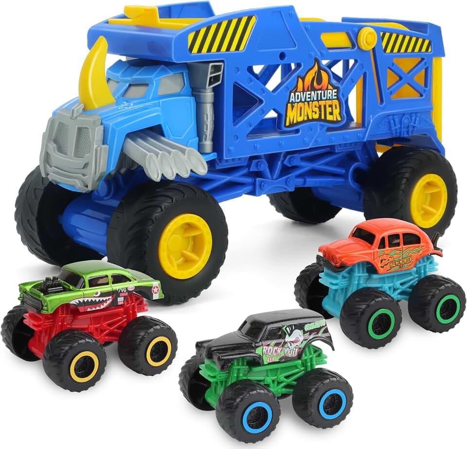 Monster Truck Hauler Blue Rhino with 3 Mini Diecast Monster Trucks