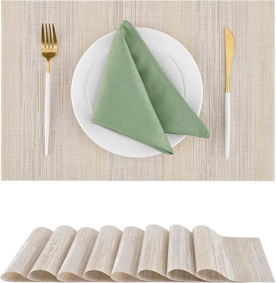 Lightsteel Beige with Yellow Placemats Set of 8 - Heat Resistant Non-Slip Place mats for Dining Table, Washable Durable PVC Vinyl Woven Table Mats (Lightsteel Beige with Yellow, 8)