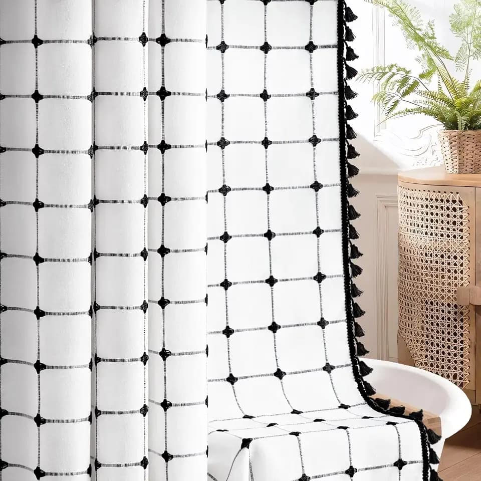Black and White Boho Shower Curtain,Tassels 72" W×84" L