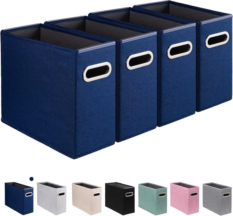 4 Pack Letter Size File Storage Box Collapsible, Fabric Hanging File Folders Organizer, Portable Office Document Holder with Metal Handle, Smooth PVC Rails, Blue