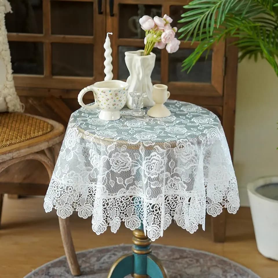 SUTAVIA Embroidered Tablecloth 33" Round Rose Lace Offwhite