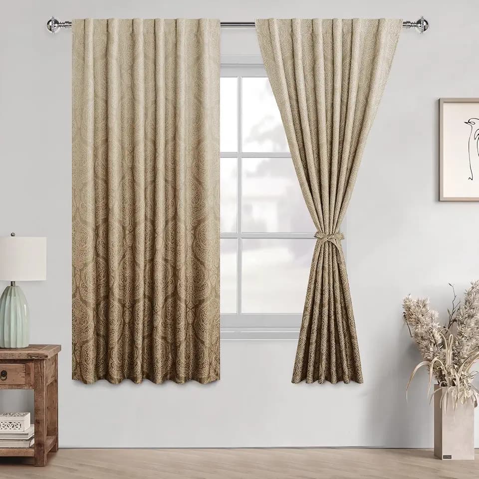 DWCN Damask Patterned Curtains 63 inches Length - Back Tab/Rod Pocket Room Darkening Window Drapes with Tiebacks Thermal Insulted Ombre Blackout Curtains for Bedroom, 2 Panels, W52 x L 63, Taupe