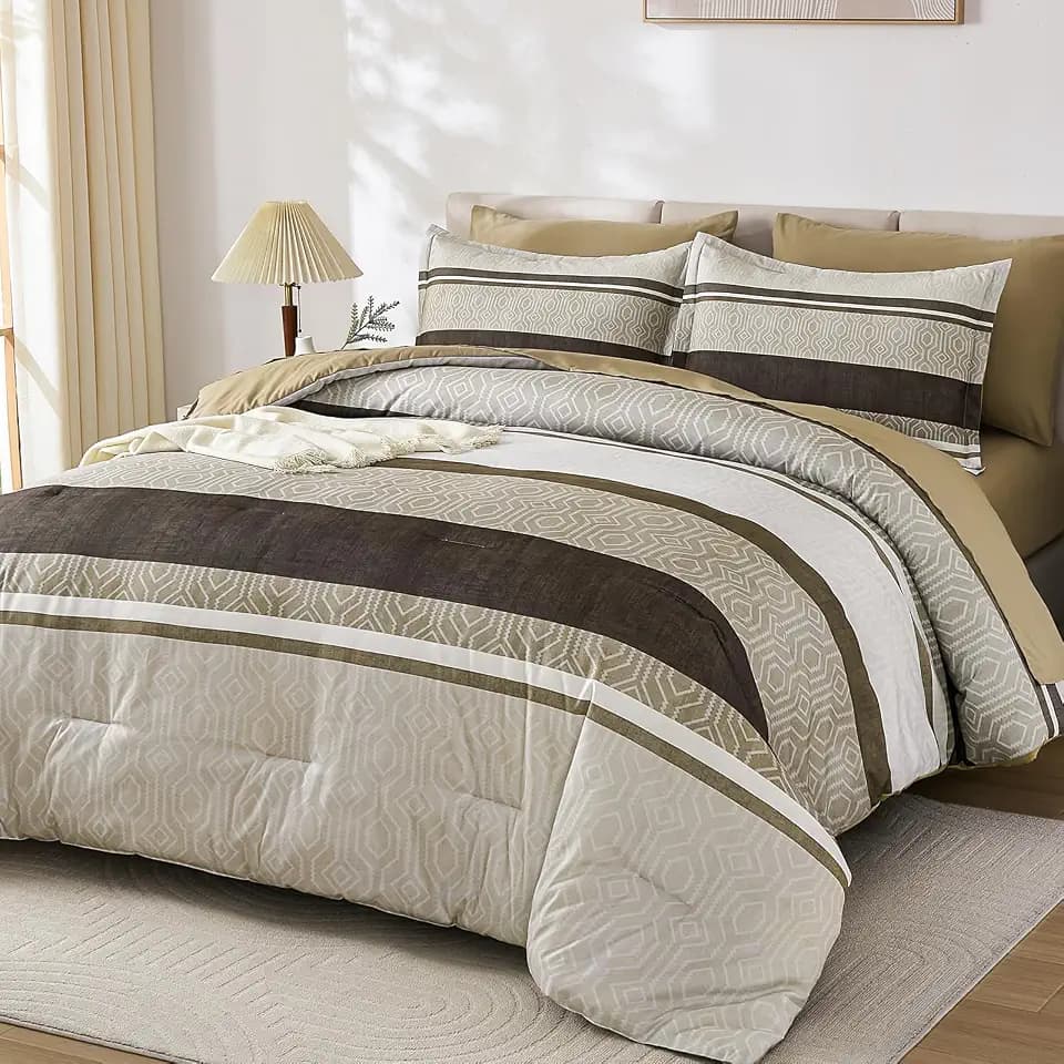 Dobuyly Brown Comforter Set King Size, 7 Piece Bed in a Bag Light Brown Beige Striped Bed Set, Lightweight Boho Bedding Comforter Sets with Sheets