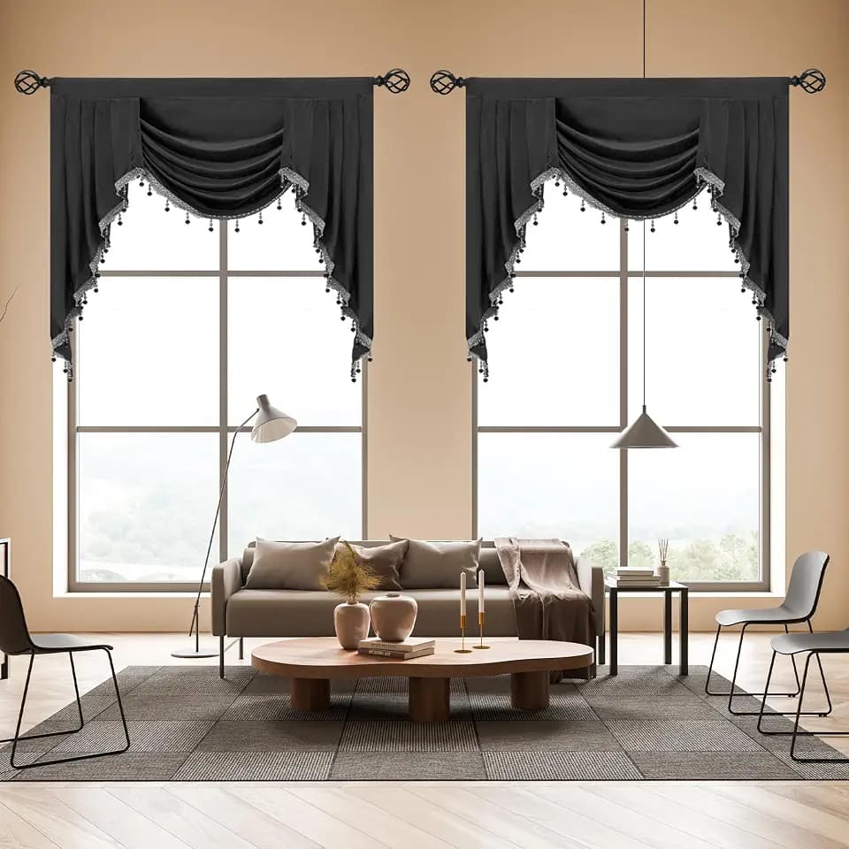 Velvet Curtain Valance, Soft Touch Rod Pocket Valance Curtains with Tassels Perfect for Kitchen and Living Room(Grey, 59inch Width)