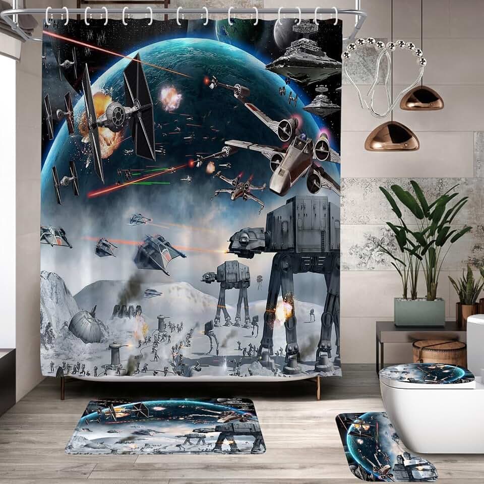 4Pcs Outer Space Galaxy Wars Star Themed Shower Curtain Sets,Universe Stars Science Space Station Polyester Fabric Bathroom Home Decor Sets with 12 Hooks 72 * 72 Inches (Color1)