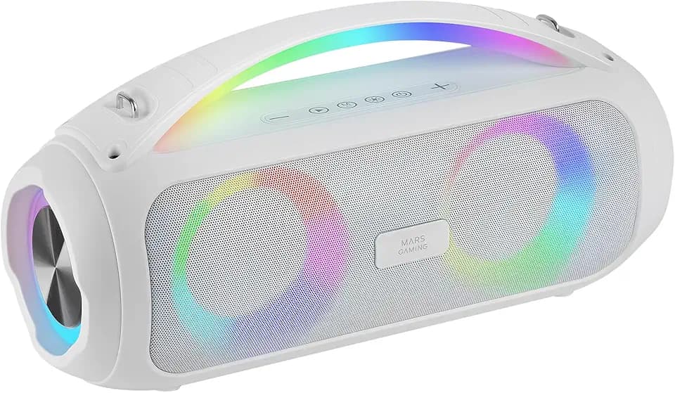 Mars Gaming MS-Pulse, Tragbarer 50W RMS Bluetooth-Lautsprecher, RGB-Beleuchtung, 2 Aktive 93mm Treiber + 2 Passive Ultra-Bass-Treiber, USB/MicroSD/AUX/FM, Griff und Gurt, Weiß