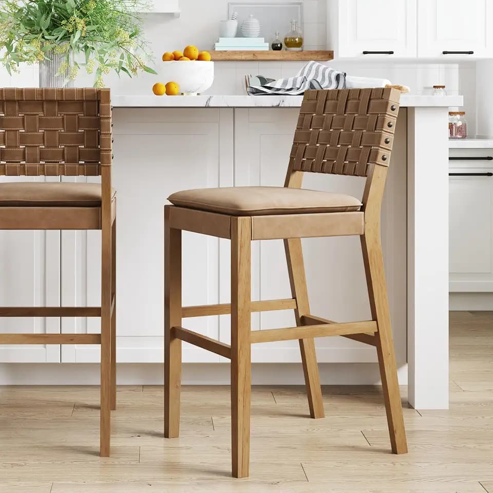 Nathan James Cohen Mid-Century Modern 29 in. Wood Bar Stool, Upholstered Faux Suede Bar Height Stool with Solid Wood Frame, Natural Brown