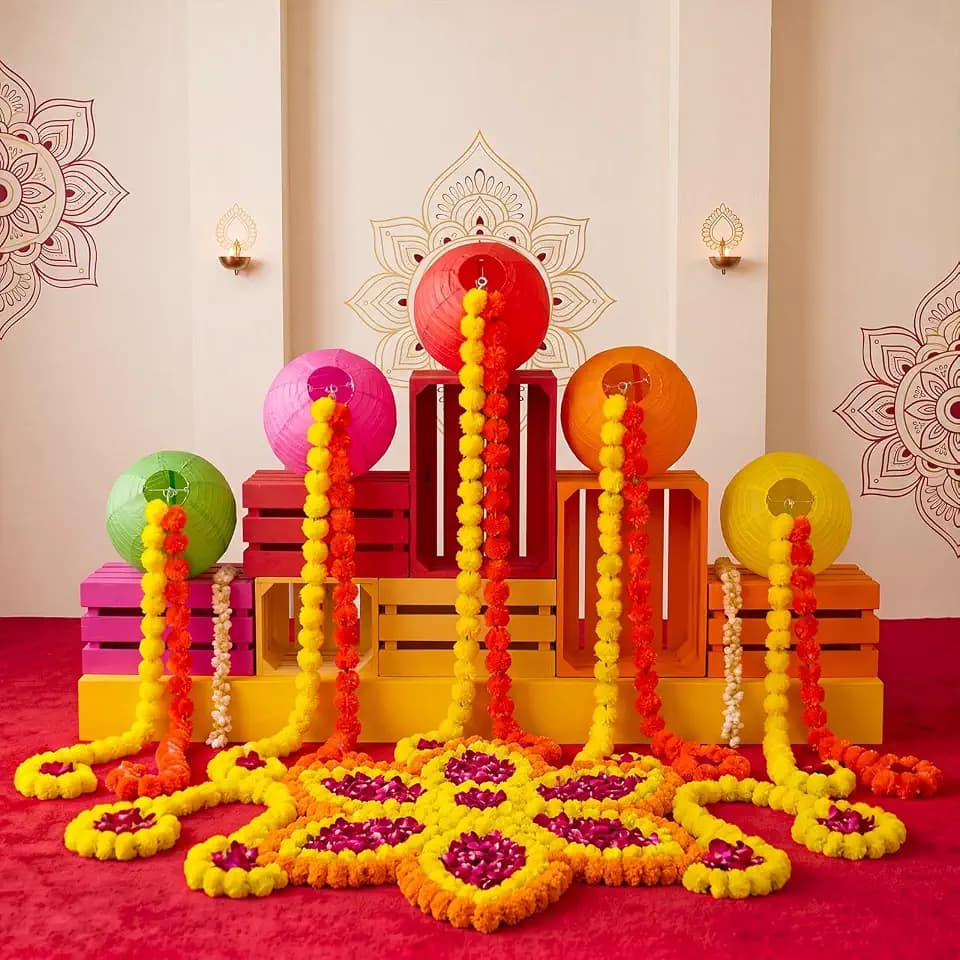 21 Pcs Indian Marigold Garland Decor, Diwali Wedding Backdrop, Multicolor