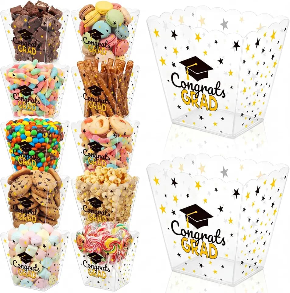 12 Pcs 2026 Graduation Candy Bar Party Supplies Graduation Gift Buckets Plastic Popcorn Box Buffet Bowls for Snack Buckets Black Gold Grad Supplies Congrats Grad Table Reusable Containers